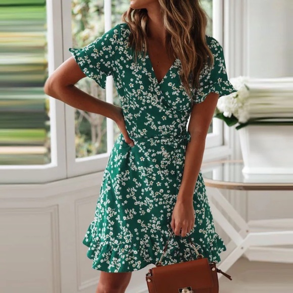 green wrap mini dress